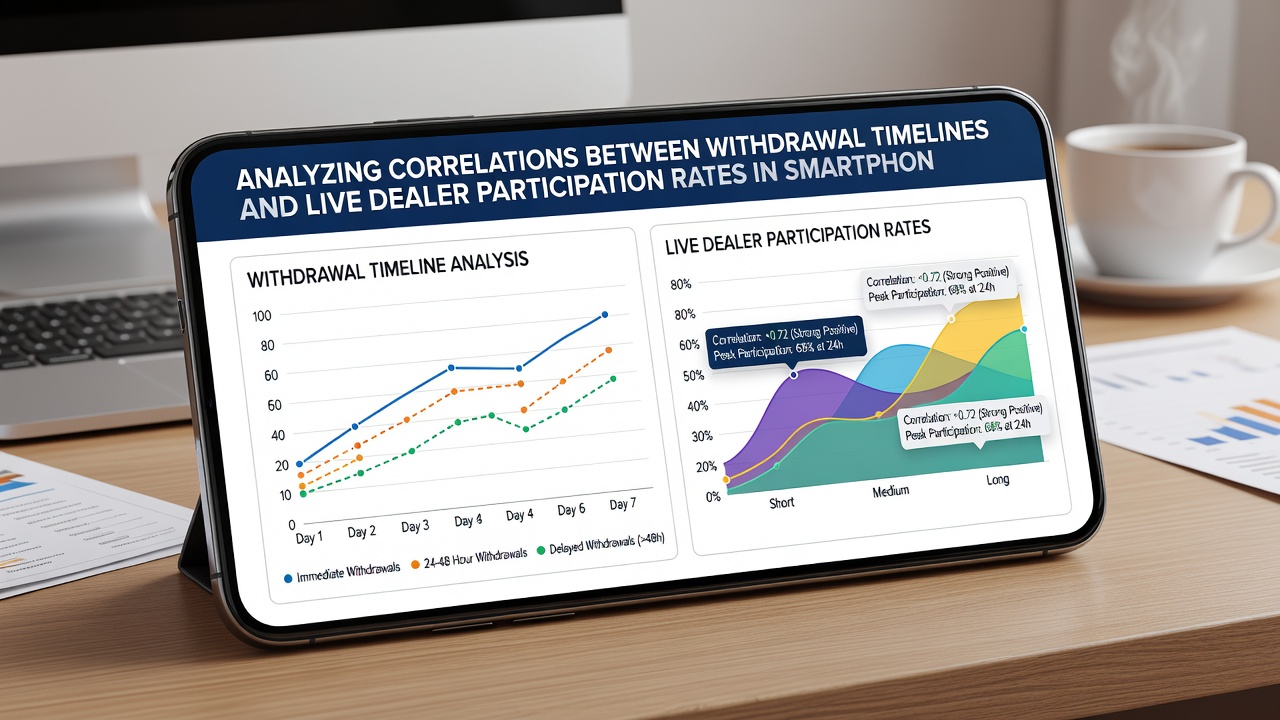 Analytics dashboard on a tablet showing correlation graphs between withdrawal times and live dealer participation metrics