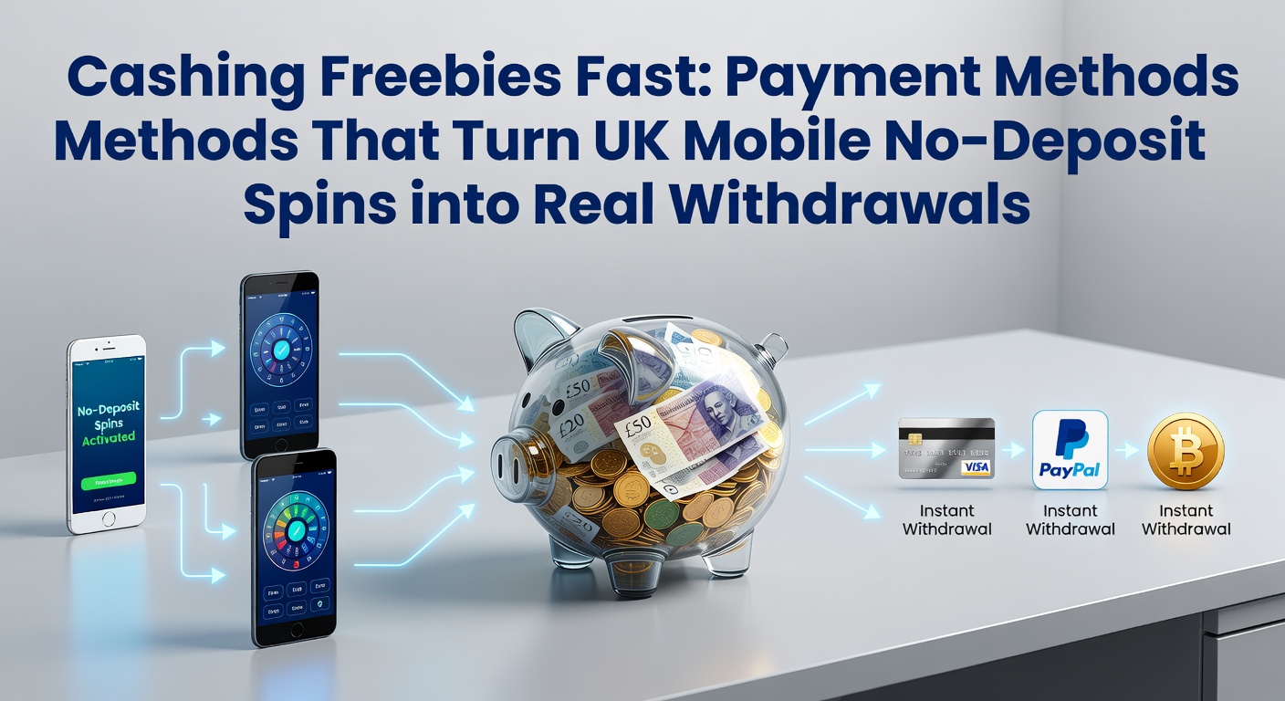 Smartphone displaying a UK mobile casino app with no-deposit free spins offer and quick withdrawal icons for e-wallets and cards