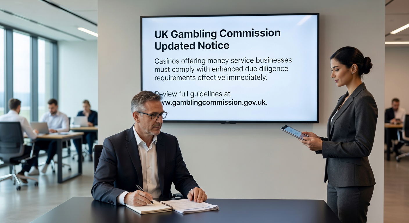Casino cashier desk with stacks of currency and cheque machines, illustrating money service operations under new UK regulatory reminders