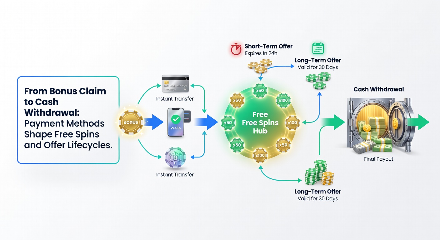 Visual flowchart depicting the journey of a free spins bonus, from deposit activation through wagering requirements to final cash withdrawal via various payment gateways