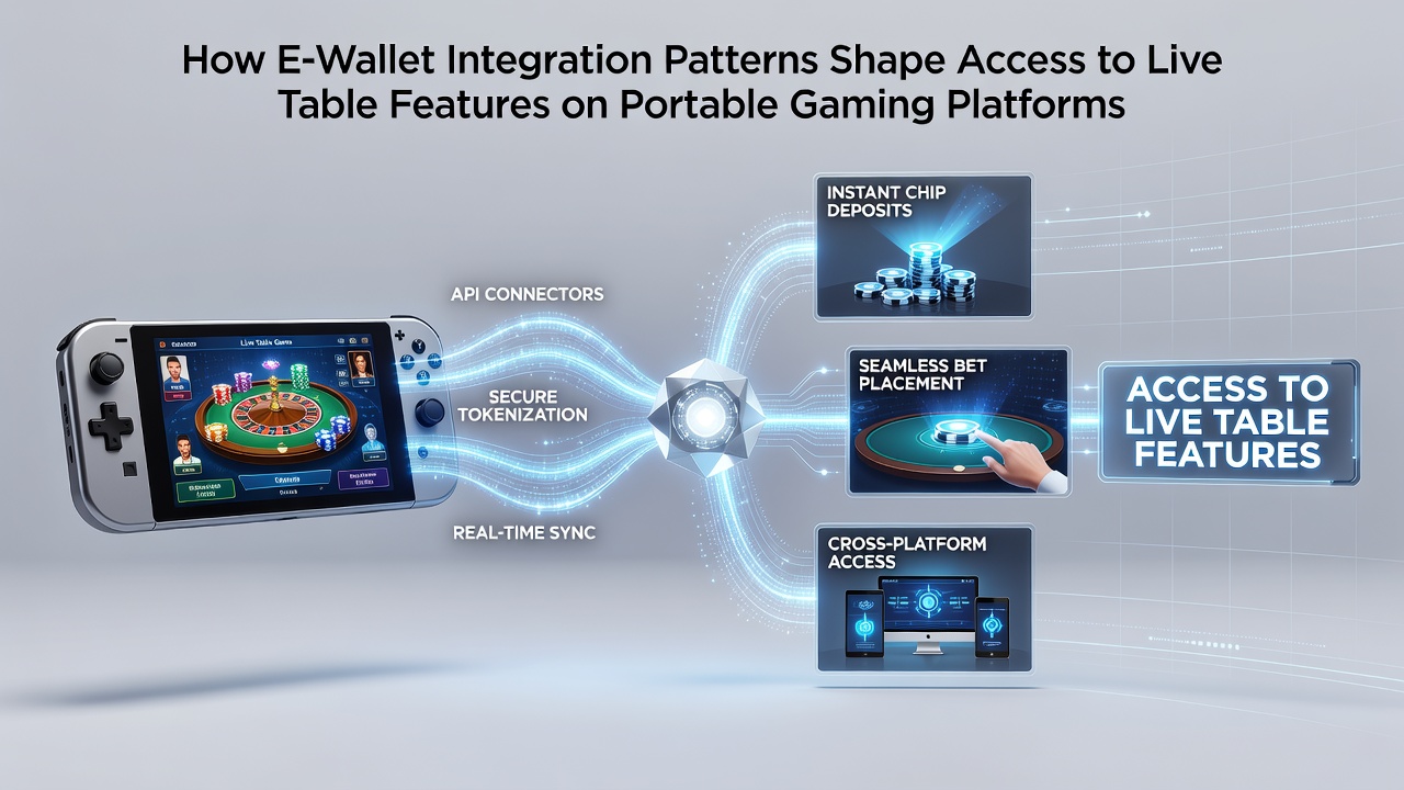 Mobile gaming interface showing e-wallet connection to live dealer tables on a portable device